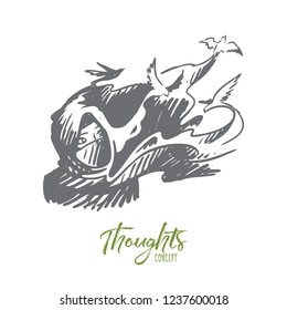 Experiences, thoughts, hijab, idea, Islam concept. Hand drawn woman in hijab thinking. Birds as symbol of thoughts concept sketch. Isolated vector illustration.