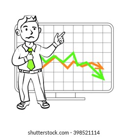 Experiencing emotional character of the trader. Design for a presentation showing the situation. Stock graph, the decline in sales or reduction in the value of assets on the exchange.