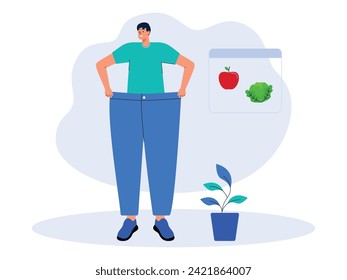 Experiencing weight loss after consuming fruit and vegetables well, vector illustration.