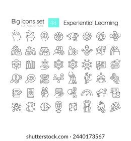 Conjunto de iconos lineales de tipos de educación experiencial. Logros de los estudiantes. Experimentación activa. Símbolos de línea fina personalizables. Ilustraciones aisladas de contorno vectorial. Trazo editable