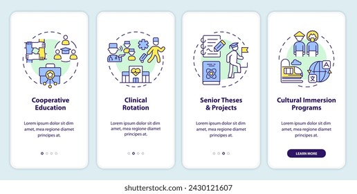 Experiential education types onboarding mobile app screen. Activities walkthrough 4 steps editable graphic instructions with linear concepts. UI, UX, GUI template. Myriad Pro-Bold, Regular fonts used