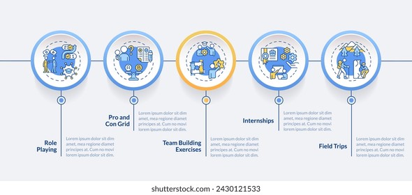 Actividades de aprendizaje experiencial círculo infográfico plantilla. Educación. Visualización de datos con 5 pasos. Gráfico de información de línea de tiempo editable. Diseño de flujo de trabajo con iconos de línea. Lato-Bold, fuentes normales utilizadas