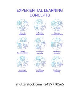 Experiential learning blue gradient concept icons. Reflective practice. Accelerated learning. Team building. Icon pack. Vector images. Round shape illustrations for promotional material. Abstract idea