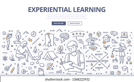 Experiential learning concept. People learn naturally through reflection on doing, transformation of experience. Learning strategy. Doodle illustration for web banners, hero images, printed materials