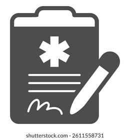 Experiment agreement with signature and pen solid icon, pharmacy concept. Vector graphics. Document for medical test sign on white background, glyph style icon for mobile or web design