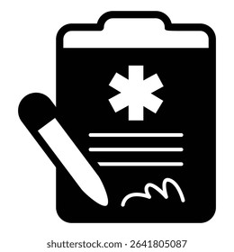 Experiment agreement with signature and pen solid icon, pharmacy concept. Vector graphics. Document for medical test sign on white background, style mobile or design