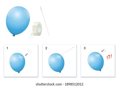 Experiment with balloon, adhesive strips and needle, that does not burst the balloon when stinging it. Surprising fun, amazing magic trick, astonishing physical experiment. Vector on white.
