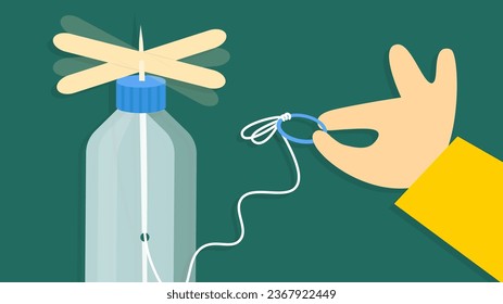 Experiment with a bottle, wooden sticks and string. Vector illustration.