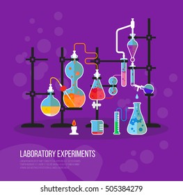 Experiment chemistry glassware flask with tubes. Bottle with liquid for laboratory or lab chemical experiment at school or medical analysis. Science or biology, learn or study theme