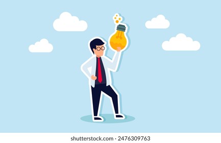 Experiment with creative ideas, research to invent products, and analyze business, concept of A businessman experiments with a new idea lightbulb to invent a product