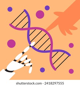 Experiment with DNA with AI Robot and Human. Manipulation of Genes. Genetic Engineering. Flat vector illustration. 