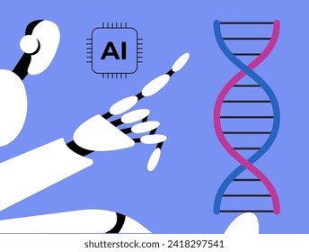 Experiment with DNA with AI Robot. Manipulation of Genes. Genetic Engineering. Flat vector illustration. 