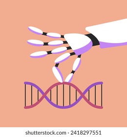 Experiment with DNA with Robot. Manipulation of Genes. Genetic Engineering. Flat vector illustration. 