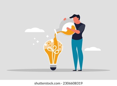 An experiment to explore a new business idea. A man holds a laboratory flask and pours liquid into a light bulb. Business innovation in a technology company. Vector illustration concept