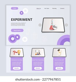 Experiment flat landing page website template. Problem solving, adaptive teaching, edication app. Web banner with header, content and footer. Vector illustration.