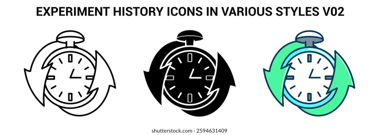 Experiment History icon represented by clock, circle arrow Line, Filled, Color style.