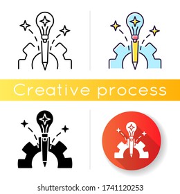 Icono de experimento. Escritura creativa. Proceso de dibujo. Proceso de producción. Solución inteligente. Flujo de trabajo del desarrollo innovador. Estilos de color negras y RGB lineales. Ilustraciones vectoriales aisladas