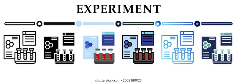 Experiment icon on banner web icons collection. 6 Various style icons. For sign, symbol, element, presentation, infographic or web graphics. Vector Illustration.