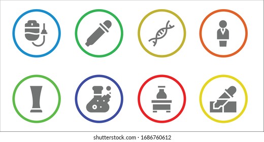 Experiment-Icon-Set. 8 ausgefüllte Experimentalsymbole.  Einfache, moderne Symbole wie: Dropper, Glas, Augentropfen, Kolben, Genetik, Chemist, Pipette