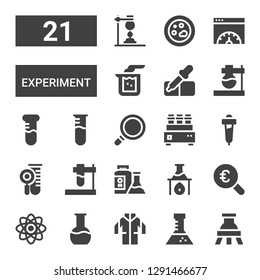 experiment icon set. Collection of 21 filled experiment icons included Flask, Lab coat, Physics, Magnifying glass, Test tube, Pipette, Beaker, Page speed, Petri dish
