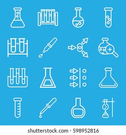 experiment icons set. Set of 16 experiment outline icons such as test tube, pipette, test tube search