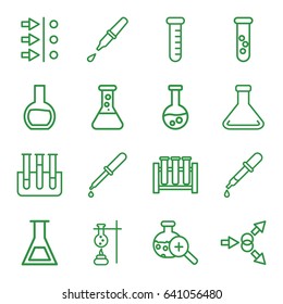 Experiment icons set. set of 16 experiment outline icons such as pipette, test tube, test tube search