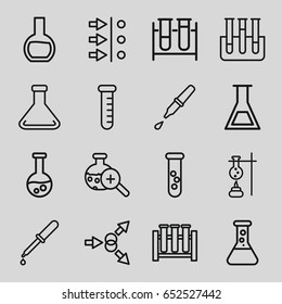 Experiment icons set. set of 16 experiment outline icons such as test tube, pipette, test tube search