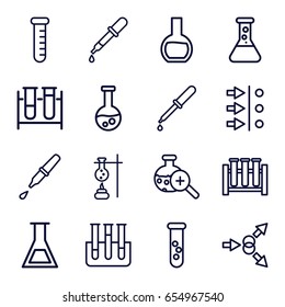 Experiment icons set. set of 16 experiment outline icons such as pipette, test tube, test tube search