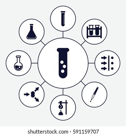 experiment icons set. Set of 9 experiment filled icons such as test tube, pipette