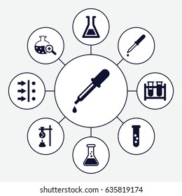 Experiment icons set. set of 9 experiment filled icons such as pipette, test tube, test tube search