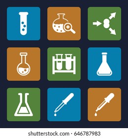 Experiment icons set. set of 9 experiment filled icons such as pipette, test tube, test tube search
