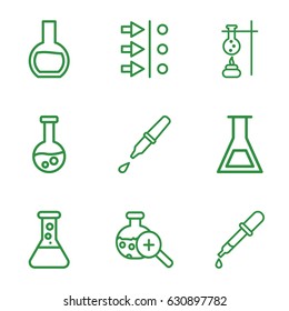 Experiment icons set. set of 9 experiment outline icons such as pipette, test tube search, test tube