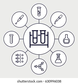 Experiment icons set. set of 9 experiment outline icons such as pipette, test tube