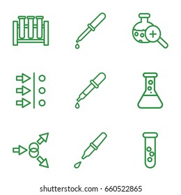 Experiment icons set. set of 9 experiment outline icons such as pipette, test tube search, test tube