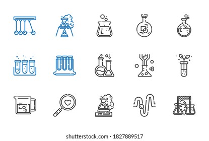 experiment icons set. Collection of experiment with flask, physics, magnifying glass, beaker, test tube, test tubes, newton. Editable and scalable experiment icons.