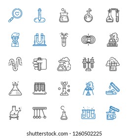 experiment icons set. Collection of experiment with test tube, flask, newton, test tubes, tubes, physics, magnetic field, scientist, pipette. Editable and scalable experiment icons.