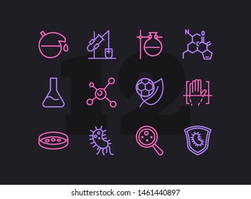 Experiment line icon set. Beakers, molecule structure, bacteria. Science concept. Can be used for topics like lab test, chemistry, microbiology