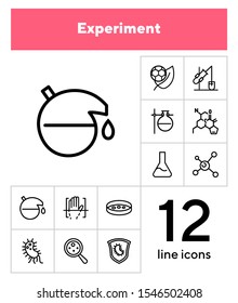 Experiment line icon set. Beakers, molecule structure, bacteria. Science concept. Can be used for topics like lab test, chemistry, microbiology
