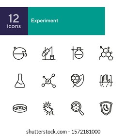 Experiment line icon set. Beakers, molecule structure, bacteria. Science concept. Can be used for topics like lab test, chemistry, microbiology