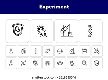Experiment line icon set. Beakers, molecule structure, bacteria. Science concept. Can be used for topics like lab test, chemistry, microbiology
