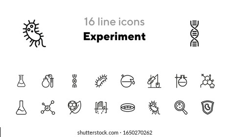 Experiment line icon set. Beakers, molecule structure, bacteria. Science concept. Can be used for topics like lab test, chemistry, microbiology