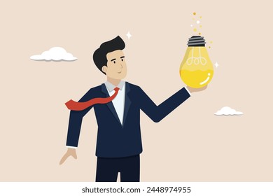 Experiment new creative idea, research to create new products, business entrepreneurial mindset concept, businessman experimenting with idea bulbs to create new products.