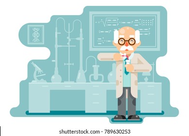 Experiment old wise smart scientist laboratory chemical transfuse chemical reagents test tubes flat design vector illustration