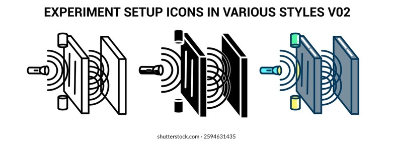 Experiment Setup icon represented by photon laser, detector, double slit board, screen Line, Filled, Color style.