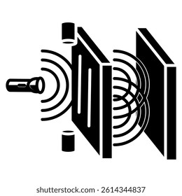 Experiment Setup icon represented by photon laser, detector, double slit board, screen Black Filled style.