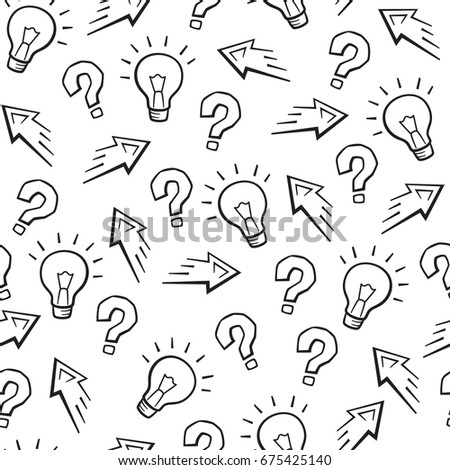 Experiment sign, idea symbol, knowledge, science seamless pattern, black and white, isolated vector. Lampe, arrow, question mark icon on the white background, graphic style. Cover for school notebook.