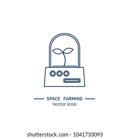 Experiment in a spaceship icon. Stock vector illustration of green plant growing in outer space. Space farming without gravity. Linear style isolated on white background.