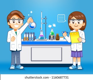 Experiment of student kids in science class by themselves. children have a fun in basic chemical mix safely. Safety laboratory concept.
