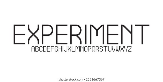 Experiment, Tech square font. Vector alphabet with latin letters and numbers.
