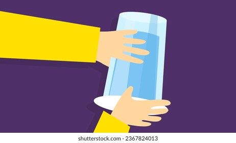 An experiment with turning over a glass of water and a piece of paper. Vector illustration in flat style.